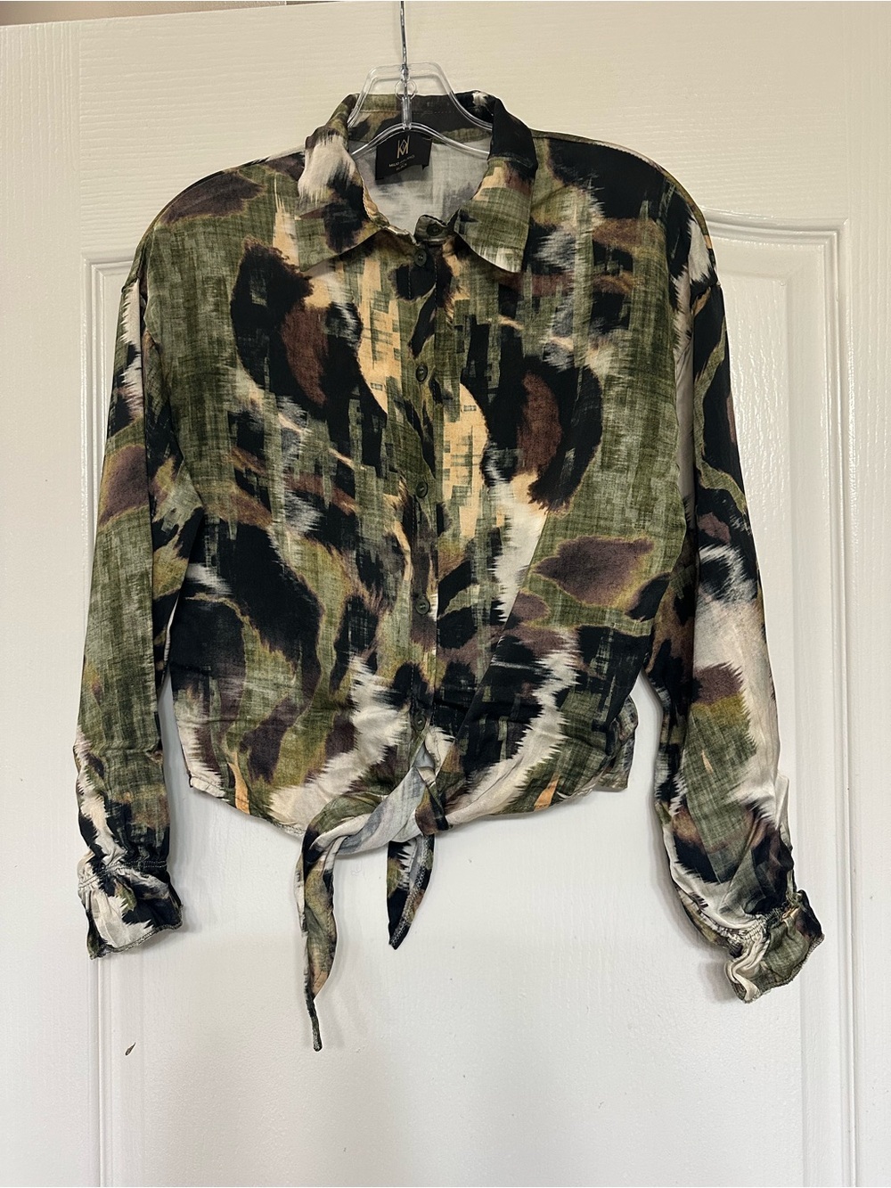Milio Milano Black Abstract Animal Print Tie Front Blouse XS Made in Italy